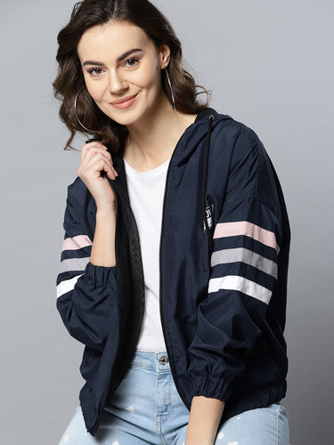 Women Navy Blue Solid Lightweight Hooded Bomber Jacket