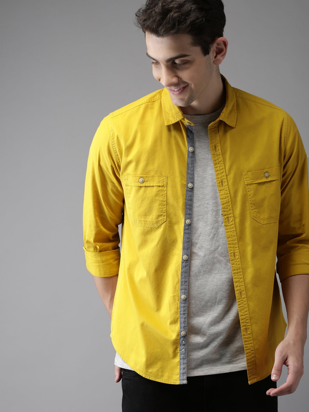 Men Mustard Regular Fit Solid Casual Shirt