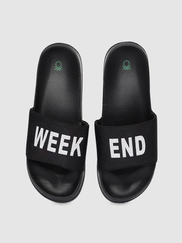 Men Black Printed Sliders