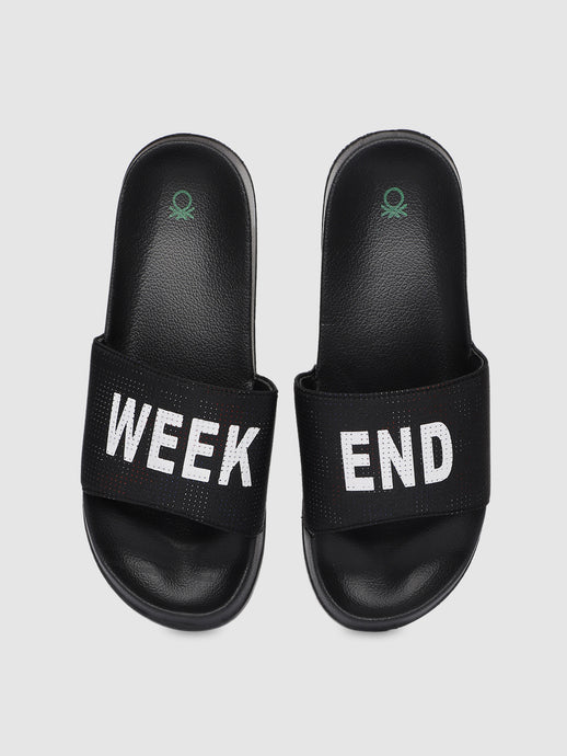 Men Black Printed Sliders
