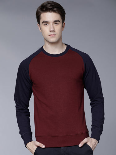 Men Maroon & Navy Blue Solid Sweatshirt