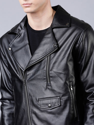 Men Black Solid Leather Jacket