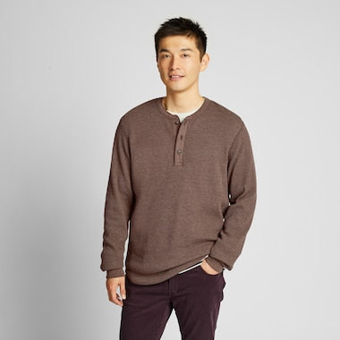 MEN WAFFLE HENLEY NECK LONG-SLEEVE T-SHIRT
